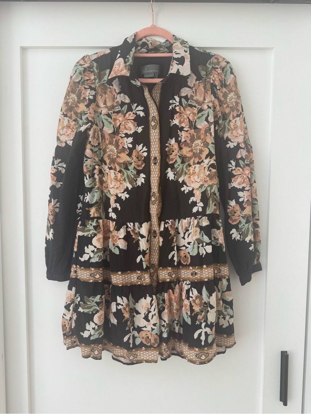 Anthropologie Black Floral Tiered Button-Front Dress with Tan Accents - Picture 1 of 4